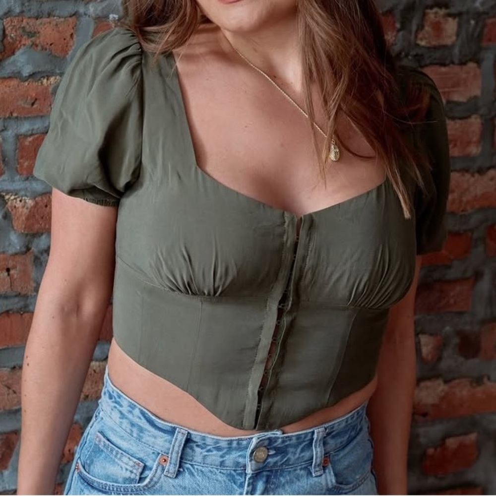 NEW - Olive Green Puff Sleeve Crop Top